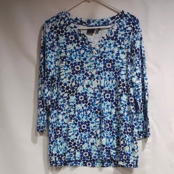 RAFAELLA BLUE AND WHITE KALEIDOSCOPE PRINT SILVER METALLIC RINGS AT NECKLINE XL - Picture 1 of 14